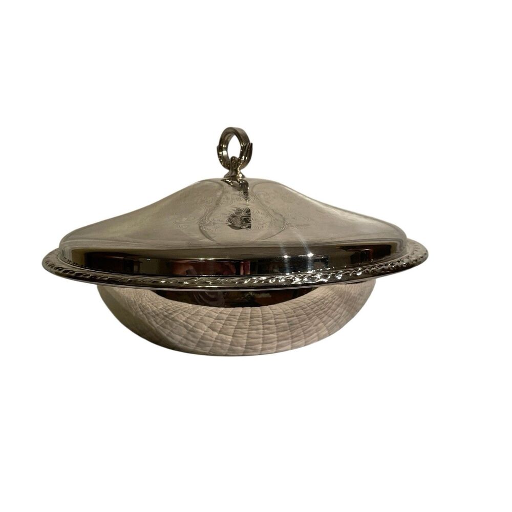 Oneida Silver Plated Bowl With Engraved Lid And Scallop Edge Plus A Pyrex Bowl.